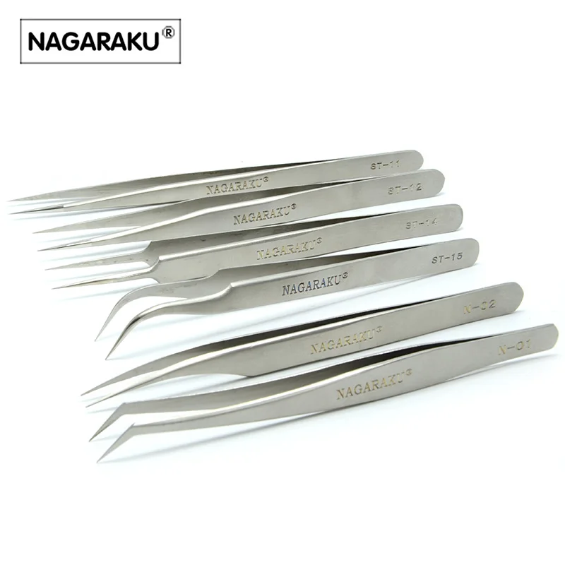 Пинцет NAGARAKU, 6 шт. в комплекте, высокое качество, нержавеющая сталь, промышленный антистатический точный пинцет, инструмент для наращивания ресниц