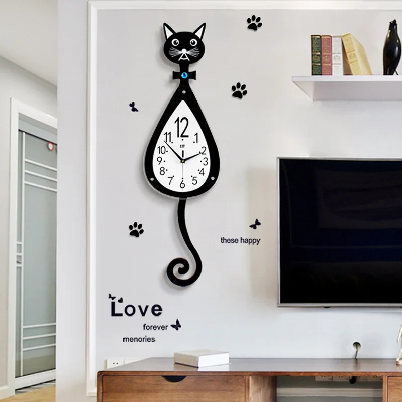 Мультяшные деревянные настенные часы lucky cat для гостиной, бесшумные часы, креативные современные домашние часы, модные декоративные кварцевые часы, горячая распродажа