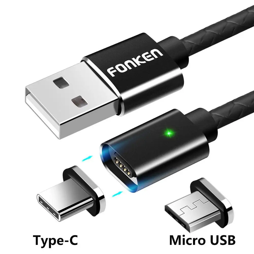 2 plug 1 Black cable FONKEN 2 в 1 Micro USB Магнитный кабель usb type-C Магнитный кабель для телефона 1 м светодиодный кабель из искусственной кожи для зарядки и синхронизации данных - Цвет: 2 plug 1 Black cable
