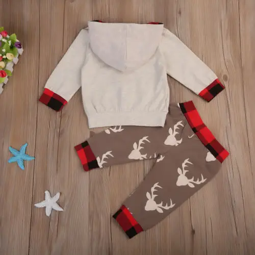 2018 2pcs Autumn Clothes Newborn Baby Boy Plaid Patchwork Long Sleeve Hooded Sweatshirt Tops Cartoon Deer Pants Outfit Set |