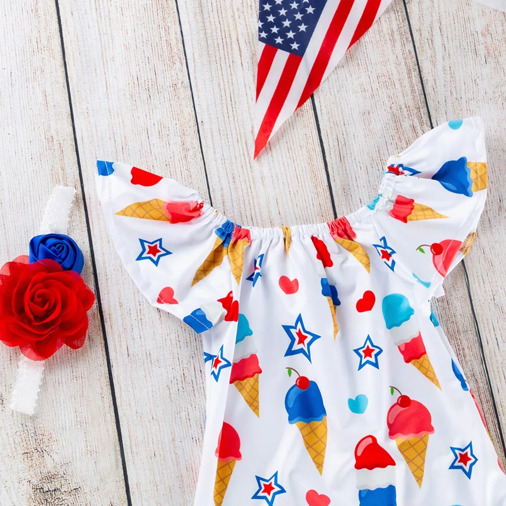 kid clothes baby Toddler Baby Girls 4th Of July Fly Sleeve Stars Print +Headbands Outfitshort sleeve bodysuit girl #06 | Мать и ребенок