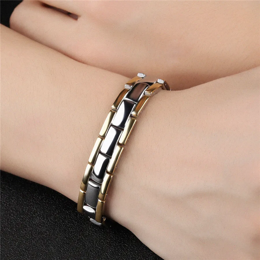 XQNI Healthy Magnetic Men Bracelet Fashion Two Tone Stripe Gold Color Link Chain Stainless Steel Charm Punk Energy Jewelry Gift | Украшения