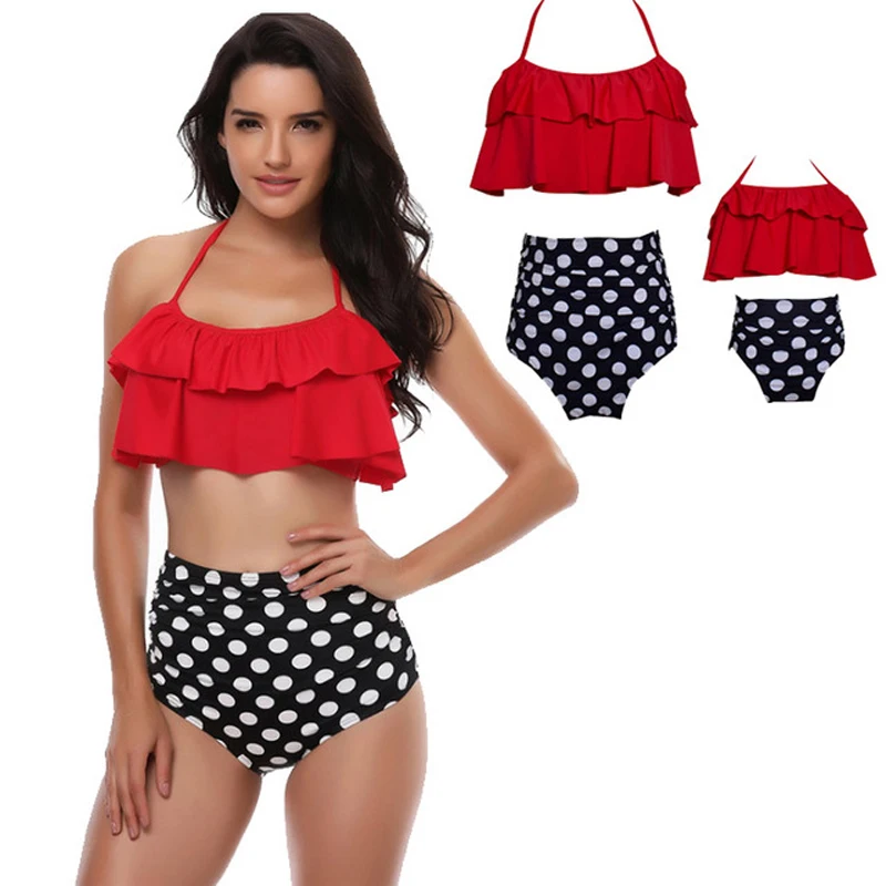 

2019 Mother & Daugther Swimsuit Summer Family Look Mommy And Me Matching Outfits Print Dot Lotus Leaf Bikini Swimwear Beach Wear