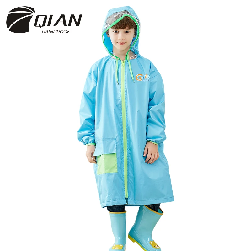 

QIAN RAINPROOF Kids Rain Coat With Sleeves Flowering In Rain Children Rainwear Hidden Schoolbag Rainsuit Big Brim Raincoat