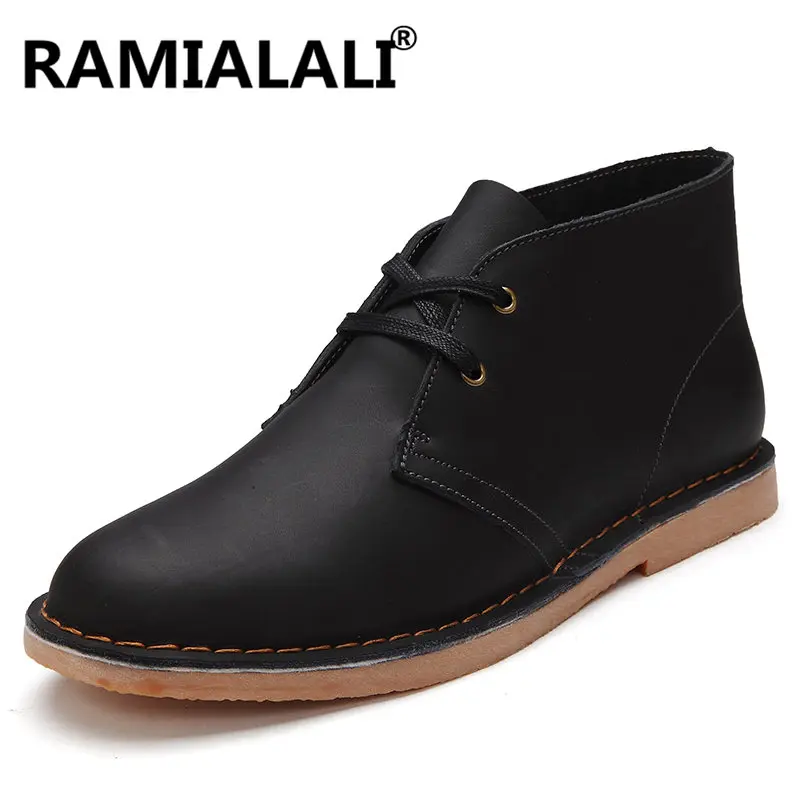 BLACK NO FUR Ramialali/качественные мужские ботинки из натуральной кожи; короткие сапоги для мотоцикла на шнуровке; зимняя обувь из натуральной кожи; Мужская плюшевая обувь на меху - Цвет: BLACK NO FUR