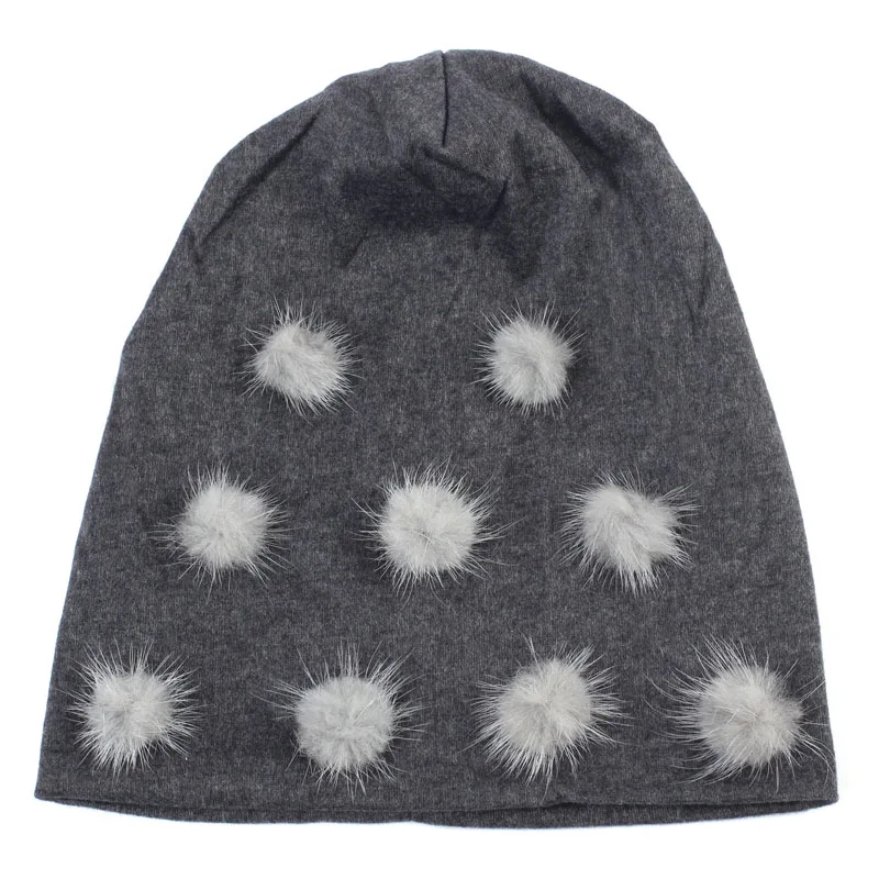 Lt Grey Dk Ash Grey Geebro зимняя женская Шапка-бини с помпоном простые хлопковые мешковатые шапки-Боб с помпонами из меха норки Skullies& Beanies chapeau femme - Цвет: Lt Grey Dk Ash Grey