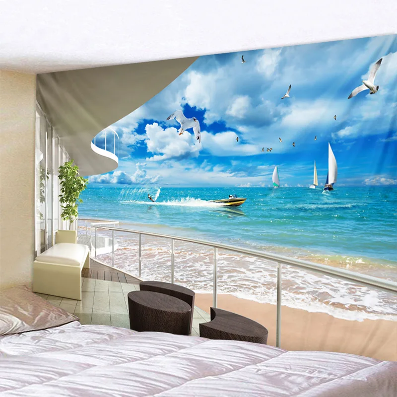 

Sea View From Balcony Psychedelic Tapestry Boho Mandala Wall Hanging Royal Blue Hippie Wall Tapestry Home Decor Mint Yoga Mat
