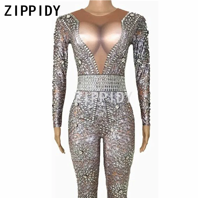 Sparkly Silver Crystals Printed Stretch Jumpsuit Female Singer Show Bodysuit Leggings Women's Party Nightclub Oufit Sexy Wear