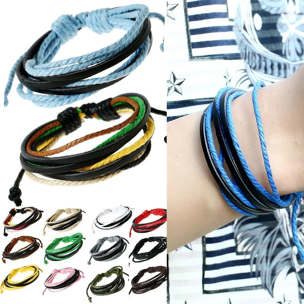 bracelet Rope Hand-Woven Beaded Hand Bracelets made Unisex Leather rope Wrap Vintage leather woven Style 1pcs Bandages | Украшения и