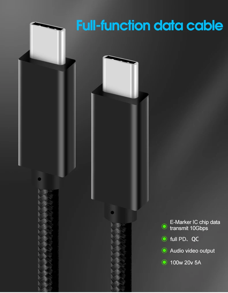 Кабель USB 3,1 type-C 100W цифровые кабели питания type C 5A 20V для USB C Macbook hp Dell USB-IF thunderbolt3