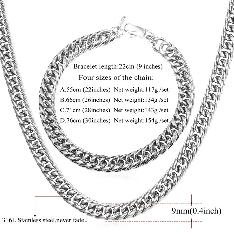Набор ювелирных изделий для мужчин 9 мм браслет с цепочкой и ожерелье из