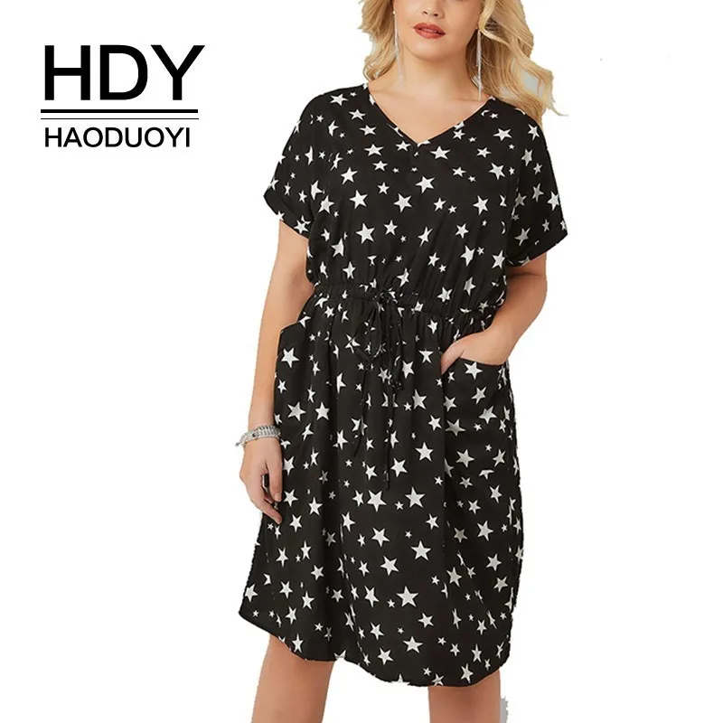 Женское платье HDY Haoduoyi черное Повседневное до колена с коротким рукавом и принтом