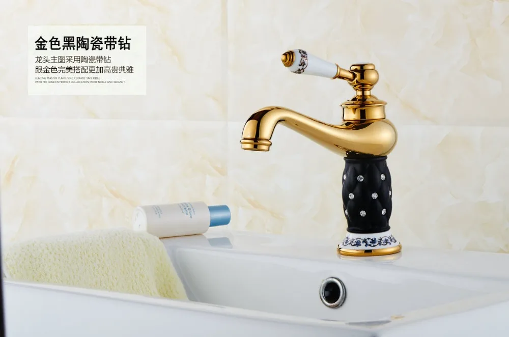 Черный керамический Золотой смеситель для раковины в ванную комнату с латунным
