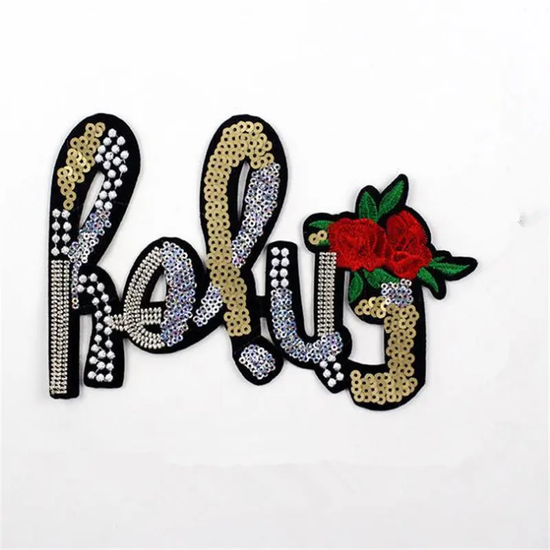 Футболка Для женщин Письма патч пайетки 18 см красная роза иметь дело с ним железа