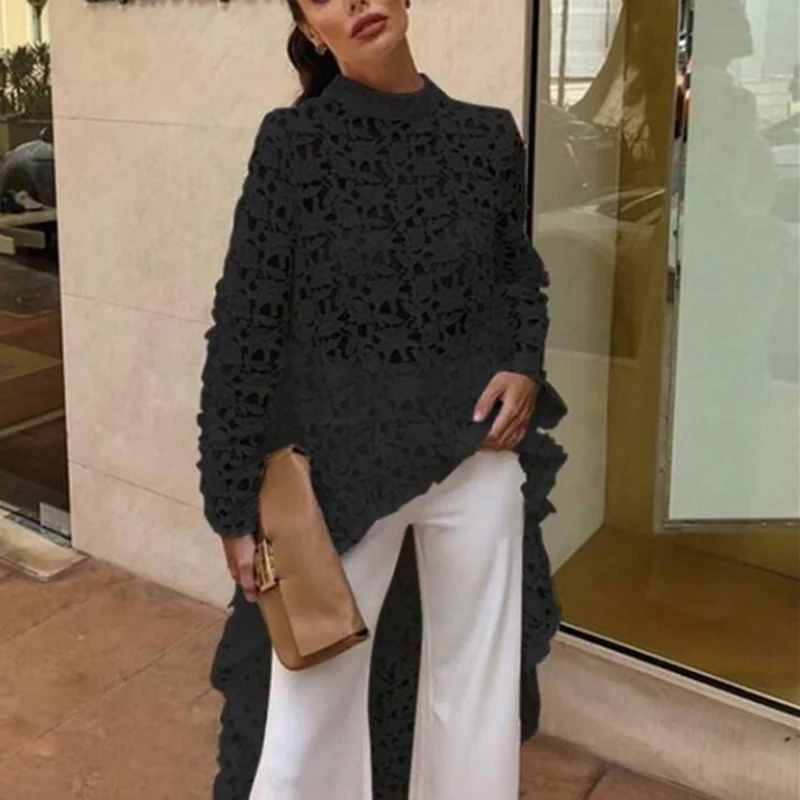 2019 Sexy Beach Blouse Summer O-Neck Bikini Smock Crochet Hollow Out Knitted Irregular Tops White Female Shirt Transparent | Женская