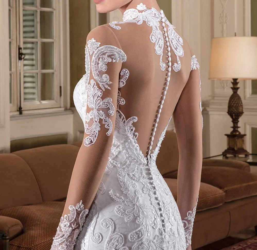 Vestido de noiva, свадебное платье с длинным рукавом, Русалка,, высокая горловина, Кружевная аппликация, Trouwjurk