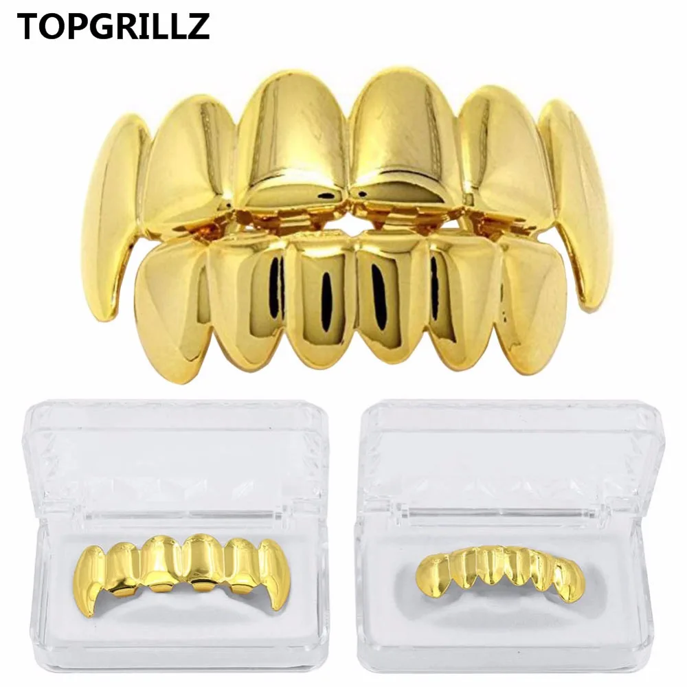 

New Fit Rose Gold Color Plated Hip Hop Teeth Grillz Caps Top&Bottom Grill Set for Christmas Party Vampire Tooth Grillz