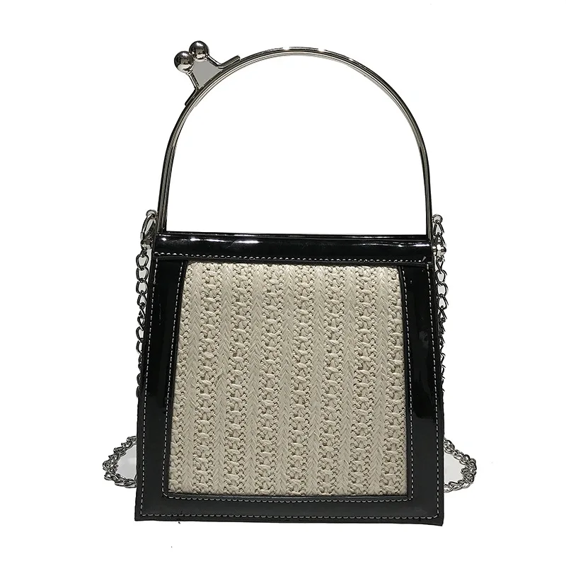 

DSAKGTE Women Top-Handle Handbags Rattan Woven Chain Crossbody Bags For Women PU Leather Crossover Satchel Female Straw Purse