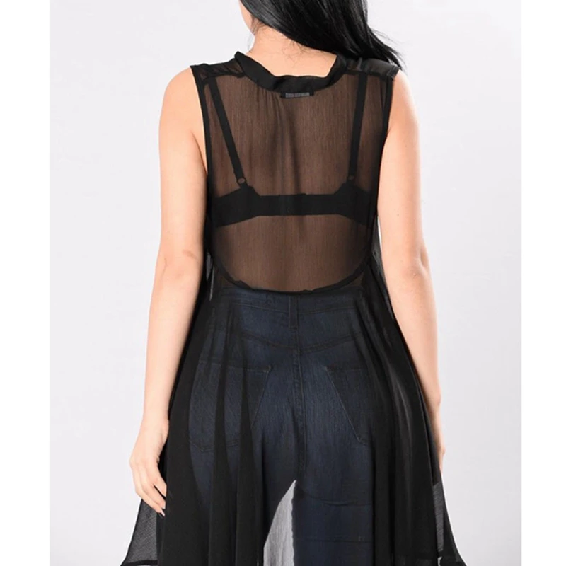 Для женщин See through бантом Mesh Sheer рукавов Нерегулярные футболка Блузка