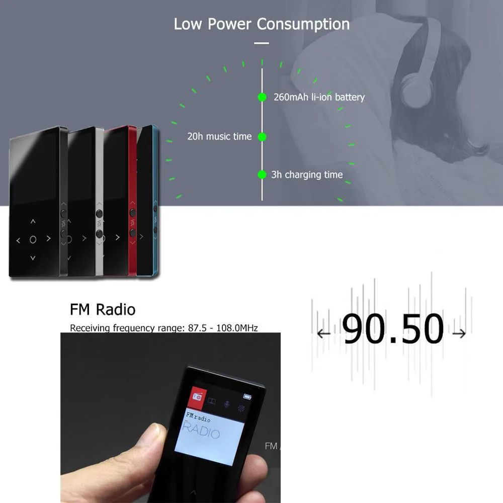 HiFi MP3 плеер Bluetooth с 16 Гб 1,8 экран MP3 плеер Высокое качество без потерь аудио MP3 FM Запись голоса MP3