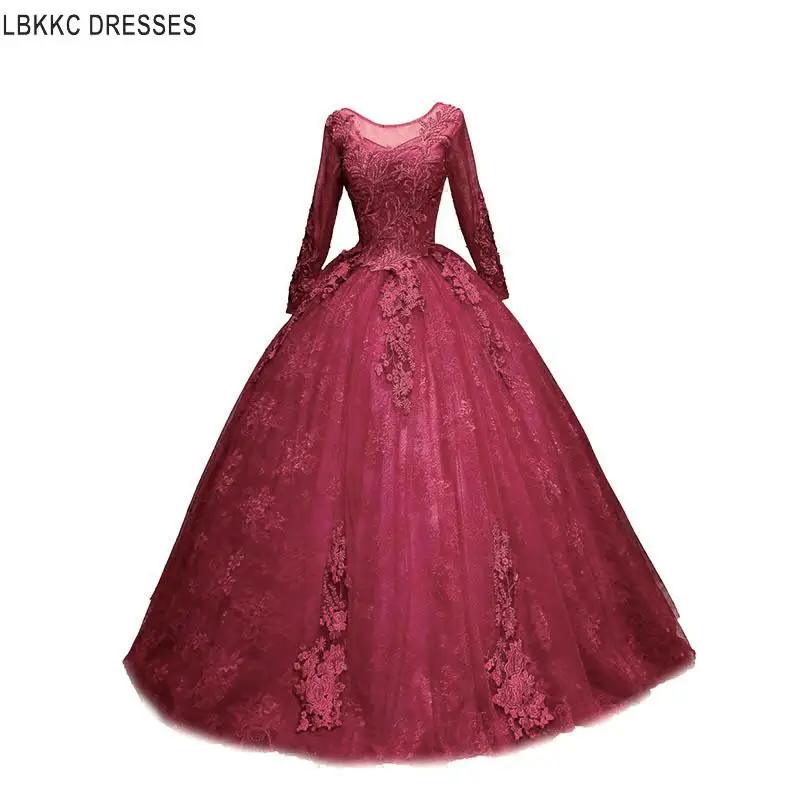 Бордовое кружевное выпускное платье с длинными рукавами бальное Вечернее 2019