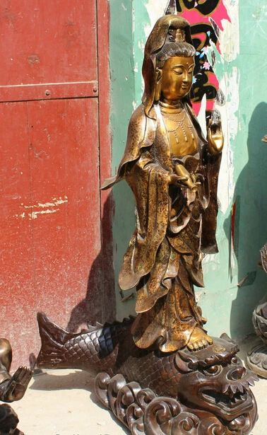 wholesale factory 40&quot Chinese Buddhism Bronze Kwan-yin Guan Yin Goddess Vase Dragon Fish Statue | Дом и сад