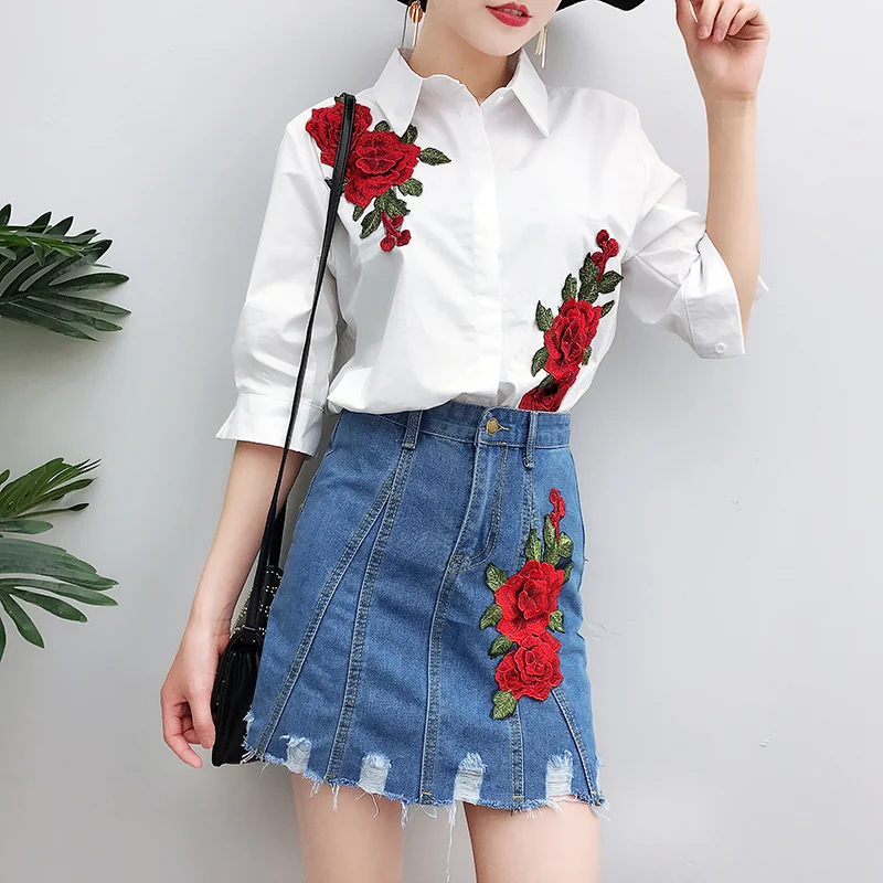 Новый Женская одежда Комплект Мода Большие красные цветы Вышивка цветочный Twinset