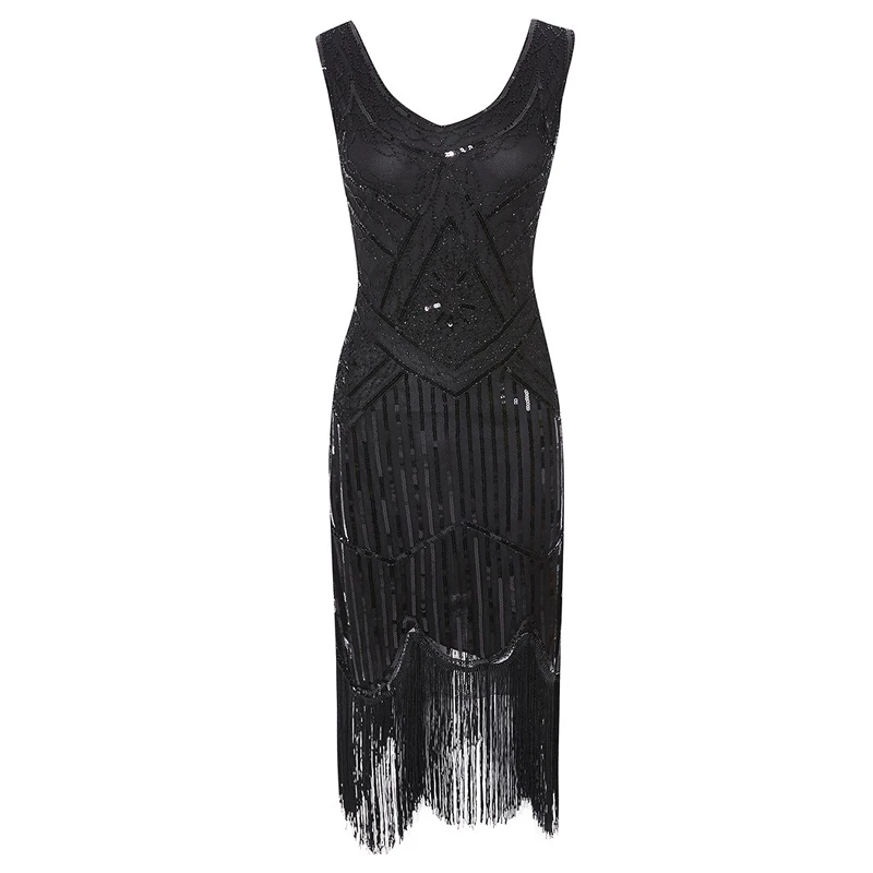 Pure black Винтажная Женская 1920 s отличная Хлопушка в стиле Гэтсби Блестки из бисера бахрома платье вечерние с v-образным вырезом Облегающее с бахромой без рукавов Латинская танцевальная одежда - Цвет: Pure black