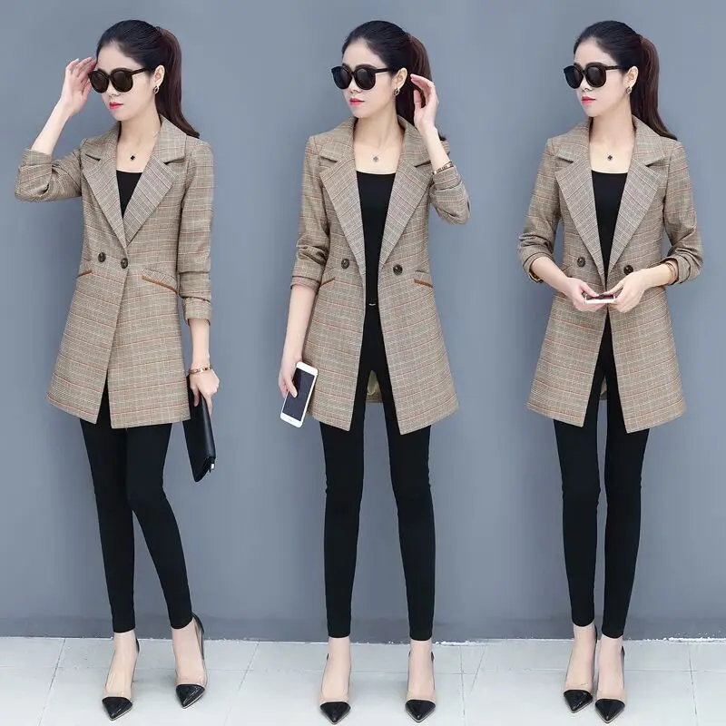 Пиджак женский клетчатый с длинным рукавом Деловой 2019 | Женская одежда