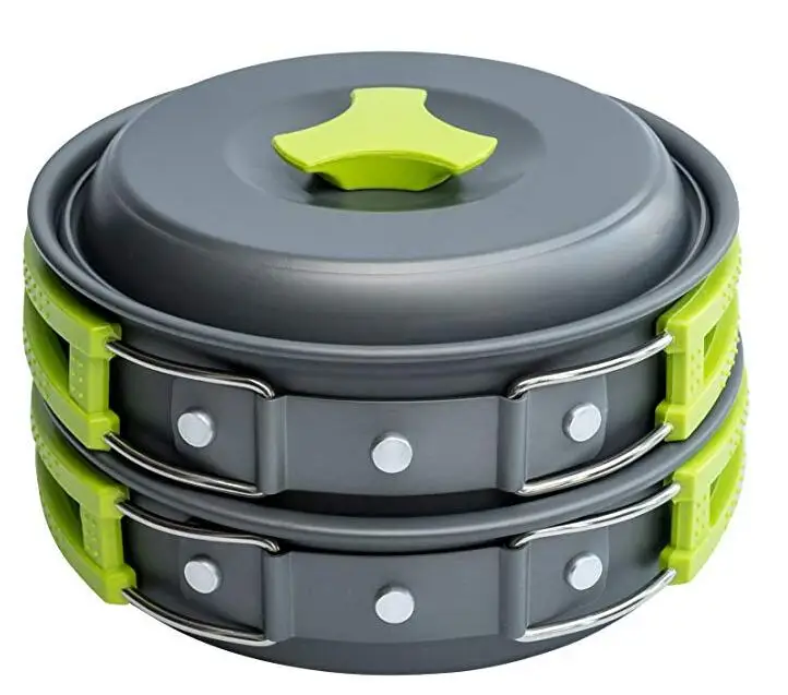 Green cookware set 9 в 1 Набор для кемпинга наружные Горшки Кастрюли для кемпинга посуда для пикника набор для приготовления пищи Алюминиевая антипригарная посуда с складная ложка - Цвет: Green cookware set