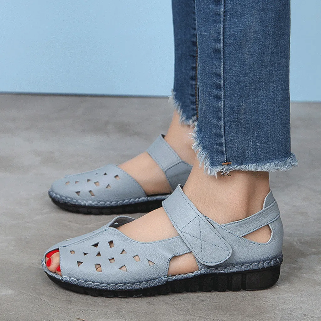 BU Women's Sandals Soft Bottom National Fish Mouth Ladies Sandals Summer Hollow Flat Shoes Female Soft Beach Shoes Chaussures C40 - Цвет: BU