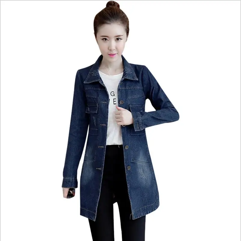 dark blue Джинсовая куртка Женская Осенняя зимняя Корейская тонкая Длинная Базовая куртка Женская потертая темно-синяя джинсовая куртка больших размеров пальто классная 5XL - Цвет: dark blue