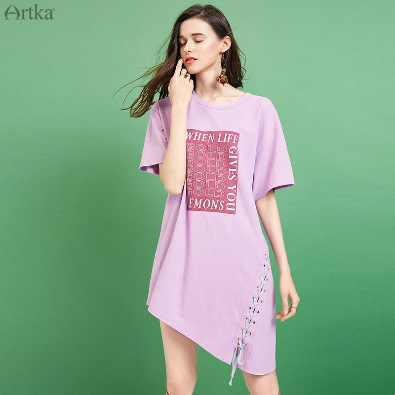 ARTKA летнее Новое Женское платье с круглым вырезом и буквенным принтом, платье-футболка для женщин, Свободные повседневные платья на шнуровке TA11790X