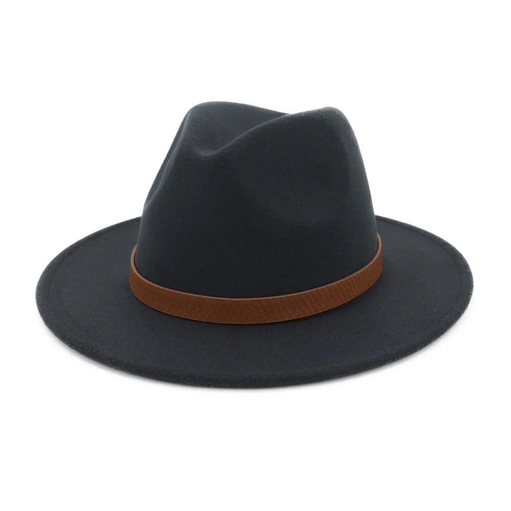 Dark gray Шерстяная фетровая шляпа Панама Джаз Fedoras Шляпы с поясом украшения плоские полями формальная Вечеринка и сцена топ шляпа для женщин мужчин унисекс - Цвет: Dark gray