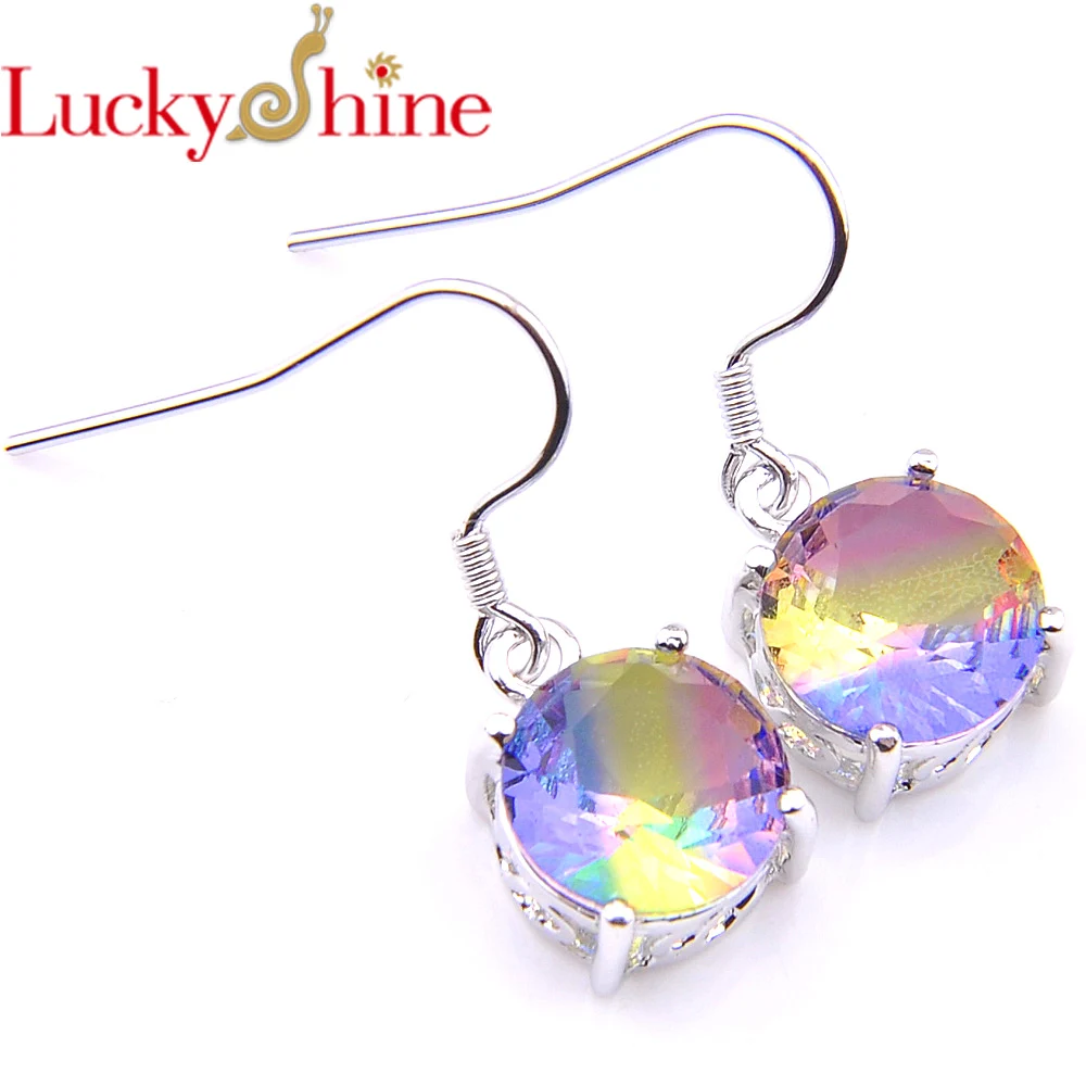 

Luckyshine Fashion Elegant Jewelry Round Bi Colored Tourmaline Gems Silver Wedding Earrings Holiday Colored Dangle Hook Earring