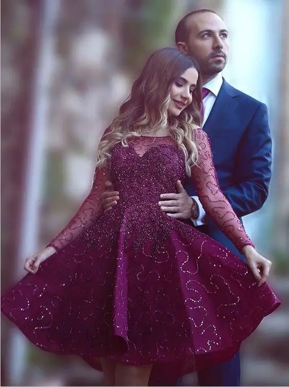 

Purple Homecoming Dresses A-line Long Sleeves Short Mini Pearls Sequins Sparkle Elegant Cocktail Dresses