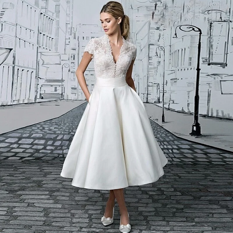 Vestido De Novia Платье с v образным вырезом Mariage аппликации кружевом длиной выше колена