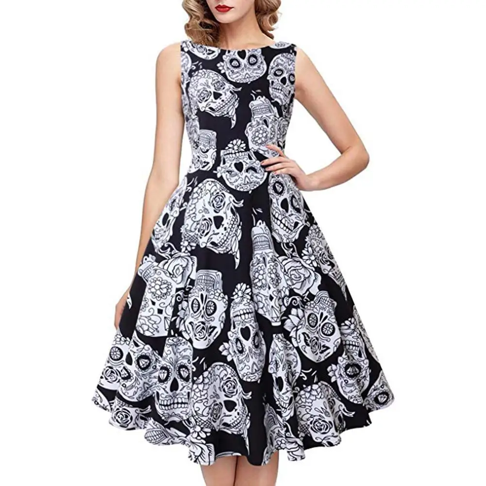 Новинка винтажное платье на Хэллоуин с принтом черепа тыквы без рукавов тонкая