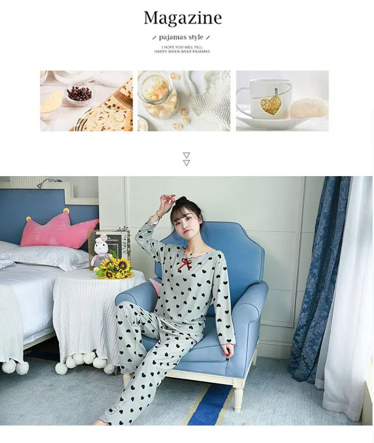 Spring Autumn Women Print Cartoon Love Long Sleeve Pajama Set Home Clothes