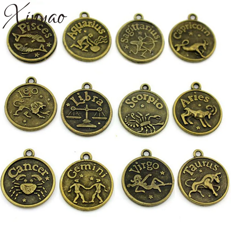 12 шт./лот античные бронзовые подвески с созвездиями Leo/Virgo/Aagittarius/Aquarius/Scorpio/Libra/Capricorn