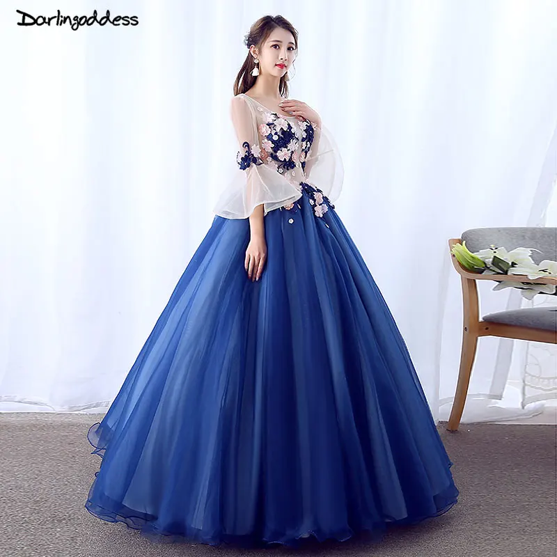 Vestido De 15 anos Бальные платья королевский синий Дебютант платье бальное платье с длинными рукавами милые кружевные вечерние платья с цветами