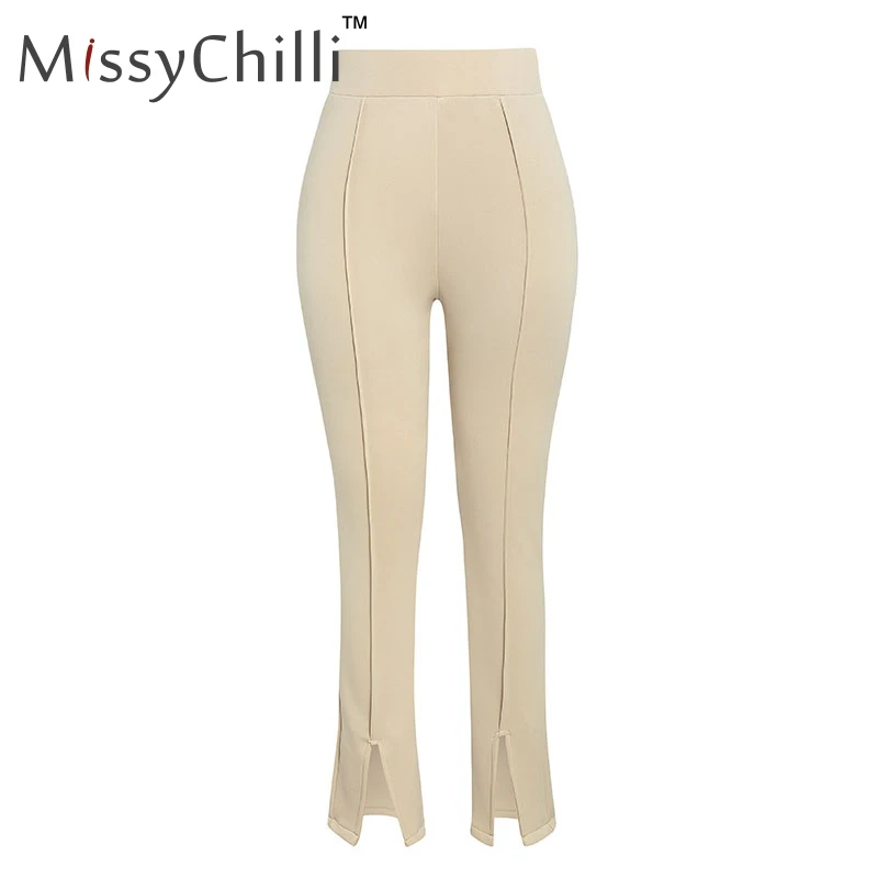 Хаки MissyChilli Высокая талия хаки однотонные повседневные брюки женские облегающие Сплит Модные брюки женские черные элегантные офисные вечерние штаны - Цвет: Хаки