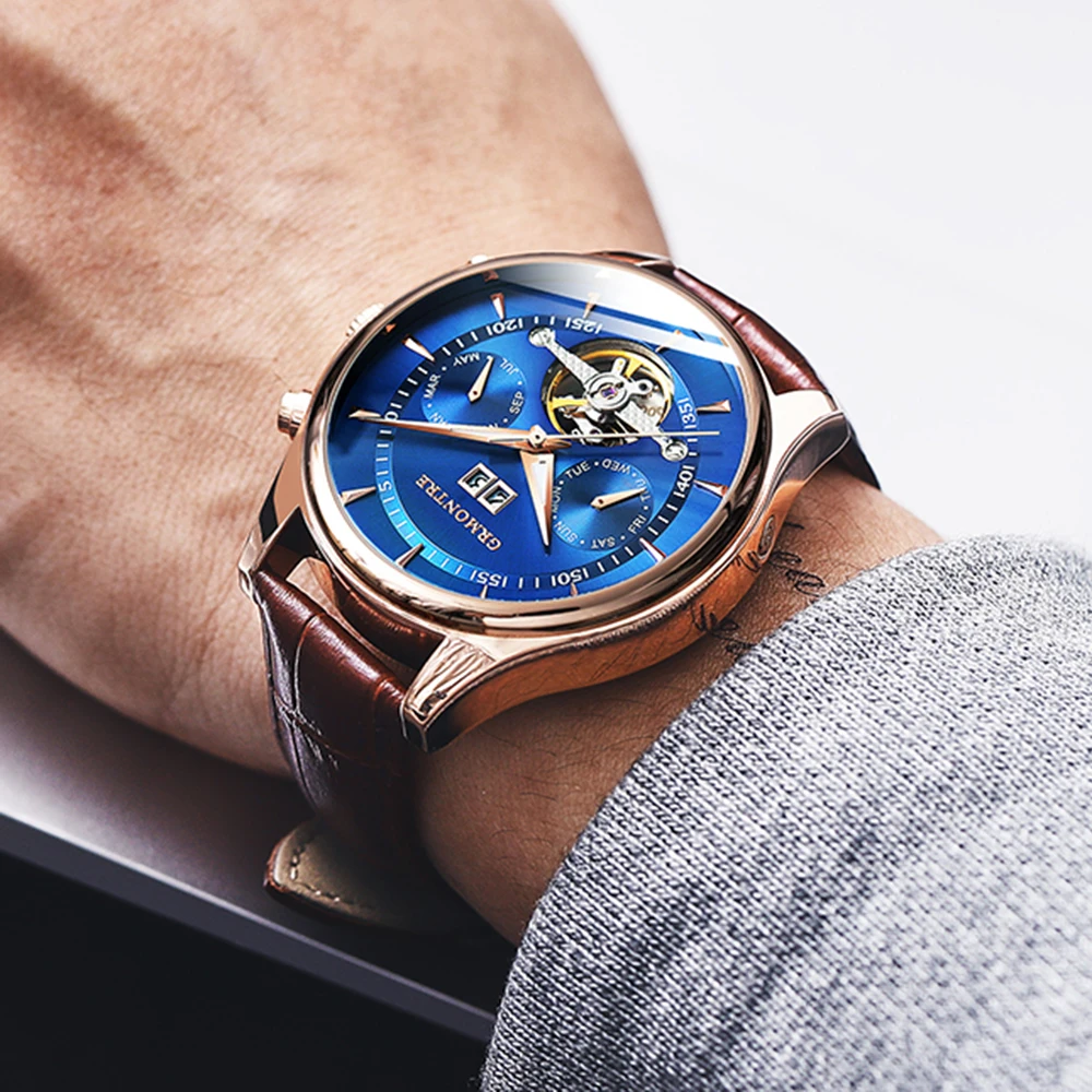 Мужские автоматические часы Tourbillon водонепроницаемые механические с