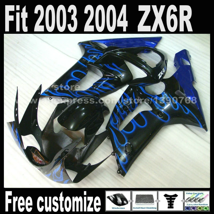 Пользовательские Aftermarket тела Набор для Kawasaki ZX6R Обтекатели 2003 2004 Ninja 636 цвет: черный