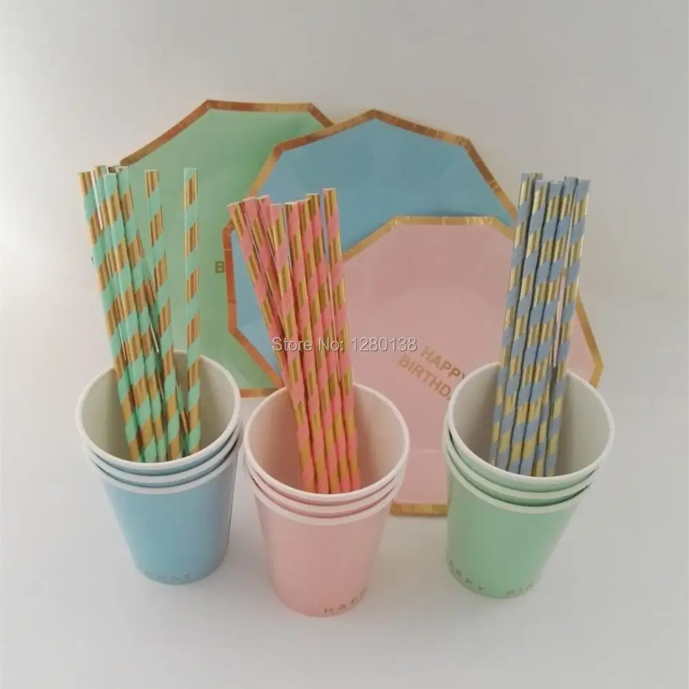 Принадлежности для вечеринок золотые бумажные стаканчики из фольги соломинки