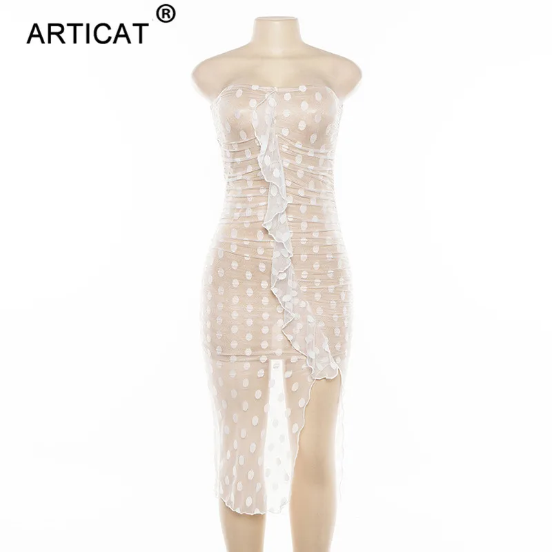 Articat, в горошек, кружевное, с рюшами, сексуальное летнее платье для женщин, с открытыми плечами, с разрезом, облегающее, праздничное платье, пляжная одежда, повседневные платья для вечеринок