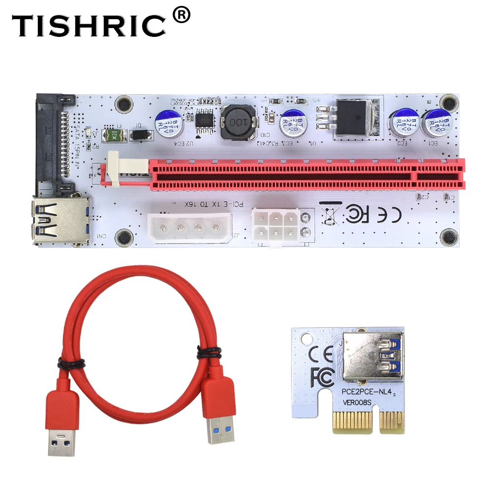 TISHRIC 10 шт. 008S Pci Express Riser Card 1x16x3 в 1 e удлинитель для BTC Miner SATA до 4Pin 6Pin Molex USB Кабель