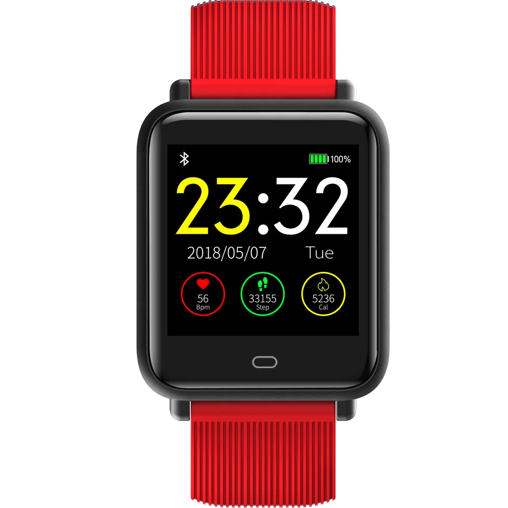 Q9 Blood Pressure Heart Rate Monitor Smart Watch IP67 Waterproof Sport Fitness Trakcer Watch Men Women Smartwatch - Color: Red