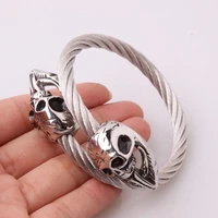 top design hip hop stainless steel silver color double skeleton skull biker jewelry cuff bangle mens bracelet bangle wire chain