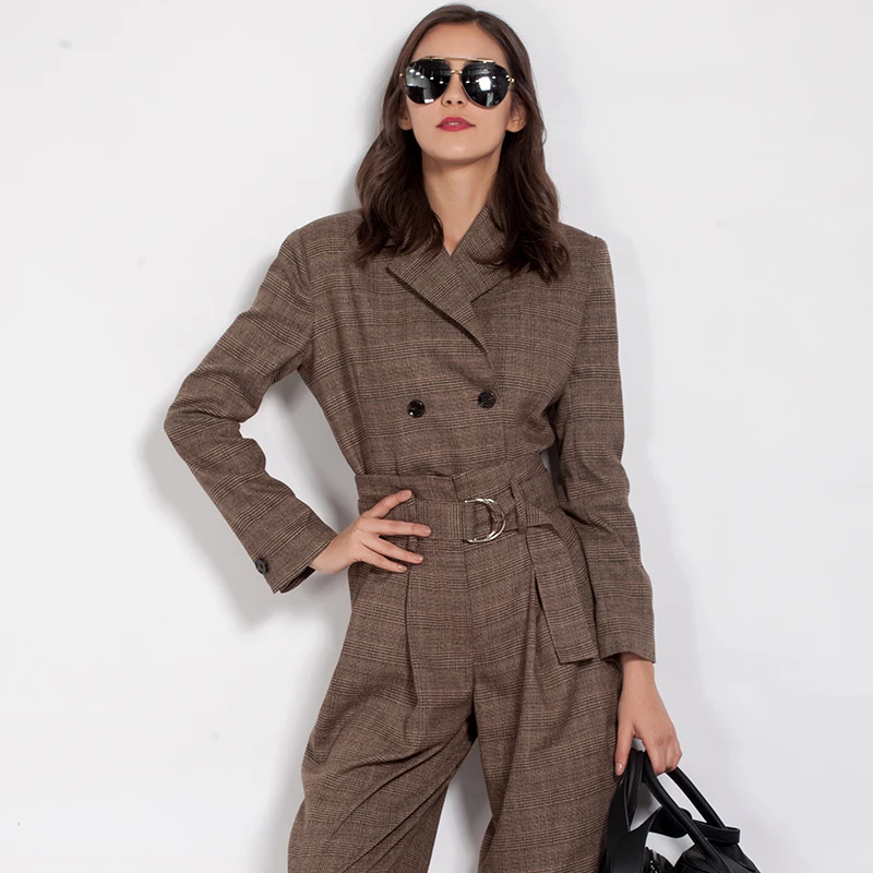 HIGH STREET Новый Мода 2017 дизайнерский комбинезон Женская Зубчатый воротник плед